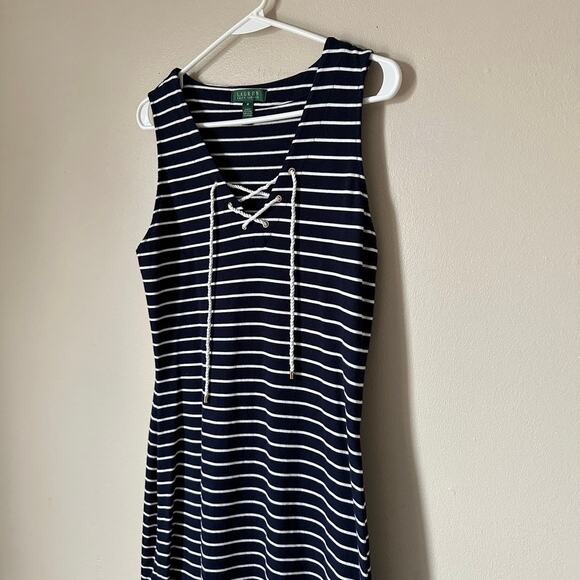 Lauren Ralph Lauren Dress Nautical Stripe Lace Up Sheath Sleeveless Summer MED - Picture 3 of 8